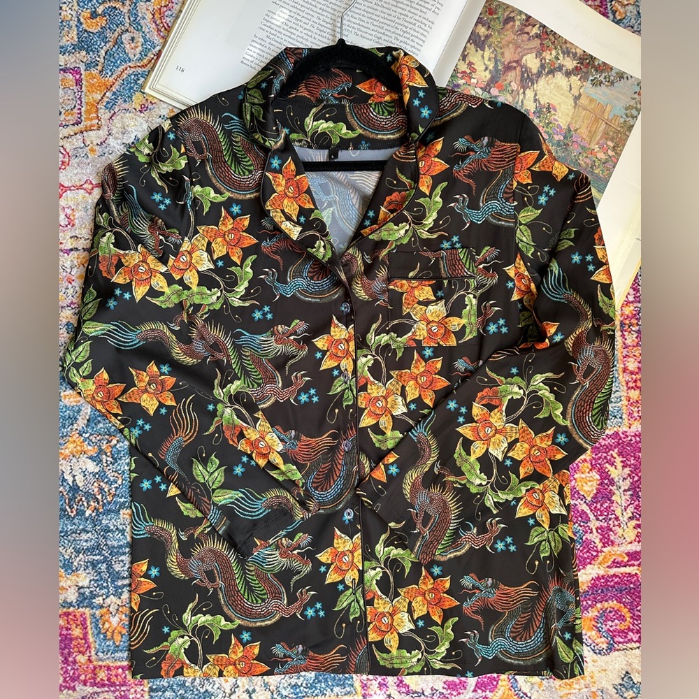 Floral Dragon Print Black Shirt